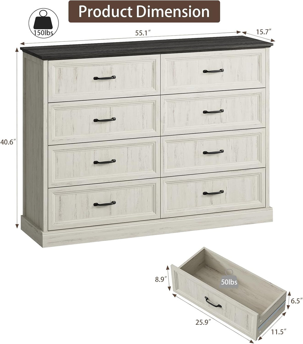 CARPETNAL Farmhouse 8 Drawer Dresser for Bedroom, 55' Wide Modern White Dresser TV Stand with Large Drawers & Bar Handles, Rustic Wood Chest of Drawers for Bedroom, Living Room, Hallway, Entryway.