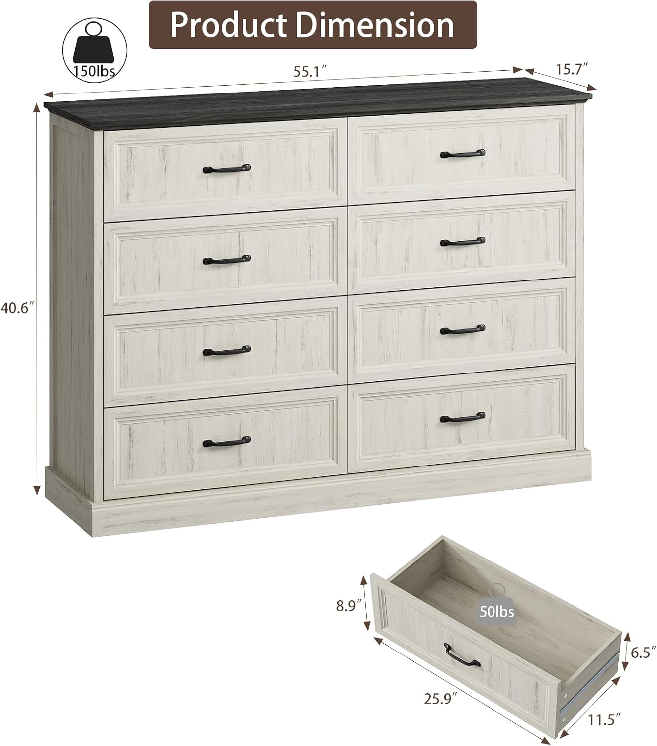 CARPETNAL Farmhouse 8 Drawer Dresser for Bedroom, 55' Wide Modern White Dresser TV Stand with Large Drawers & Bar Handles, Rustic Wood Chest of Drawers for Bedroom, Living Room, Hallway, Entryway.