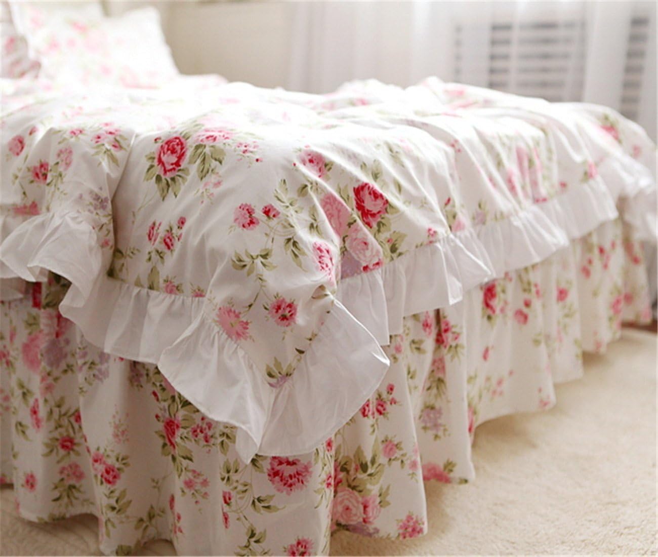 FADFAY Cotton Bedding,Shabby Rose Floral Print Bedding Set,Elegant Country Style Vintage Ruffles Duvet Cover Bed Sets with Lace King Size