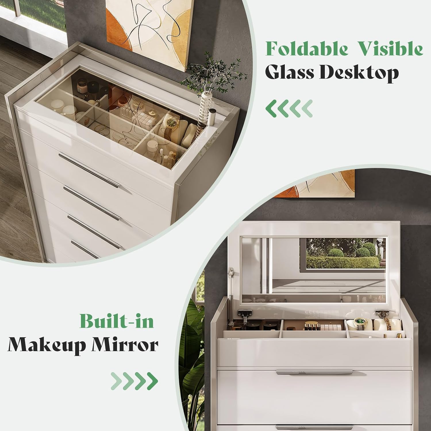 AMERLIFE 5-Drawer Chest with Glass Tabletop, Storage Dresser Organizer with Inside Mirror & Lift Top Dresser for Bedroom, Cream&Grey
