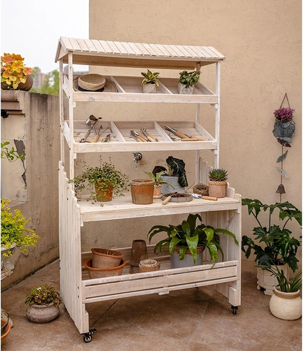 Potting Bench Table with Wheels, Wooden Garden Potting Table Work Table Workstation with 2 Tier Display Rack/Storage Shelf
