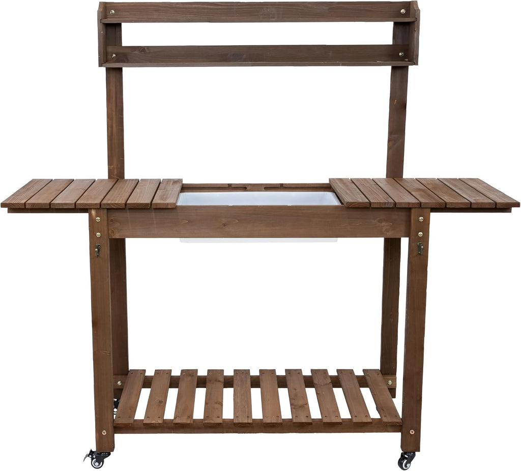 Sunnydaze Wheeled Garden Potting Bench with Sink - Outdoor Potting Table - Garden Table with Planting Station and Hooks - Brown