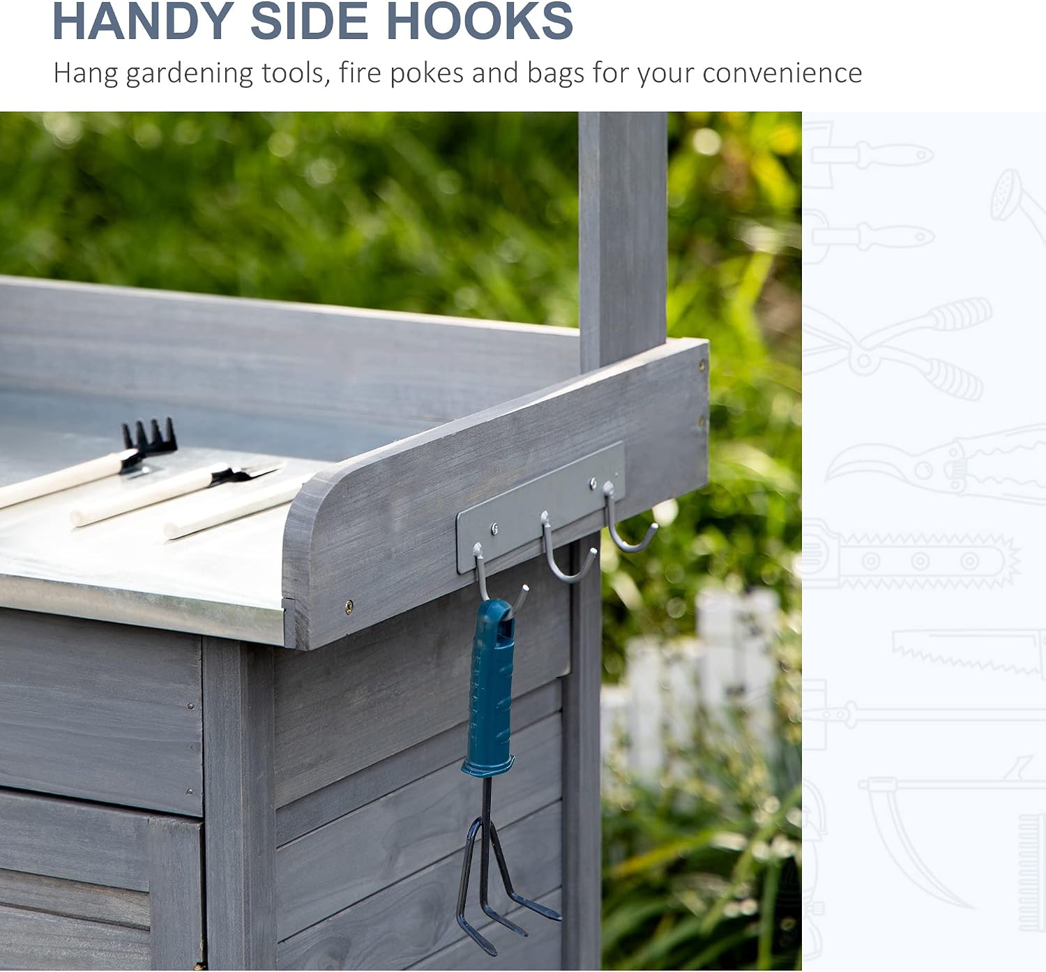 Outdoor Potting Bench Table, Work Station with Storage Cabinet, Open Shelf and Steel Tabletop, Gray