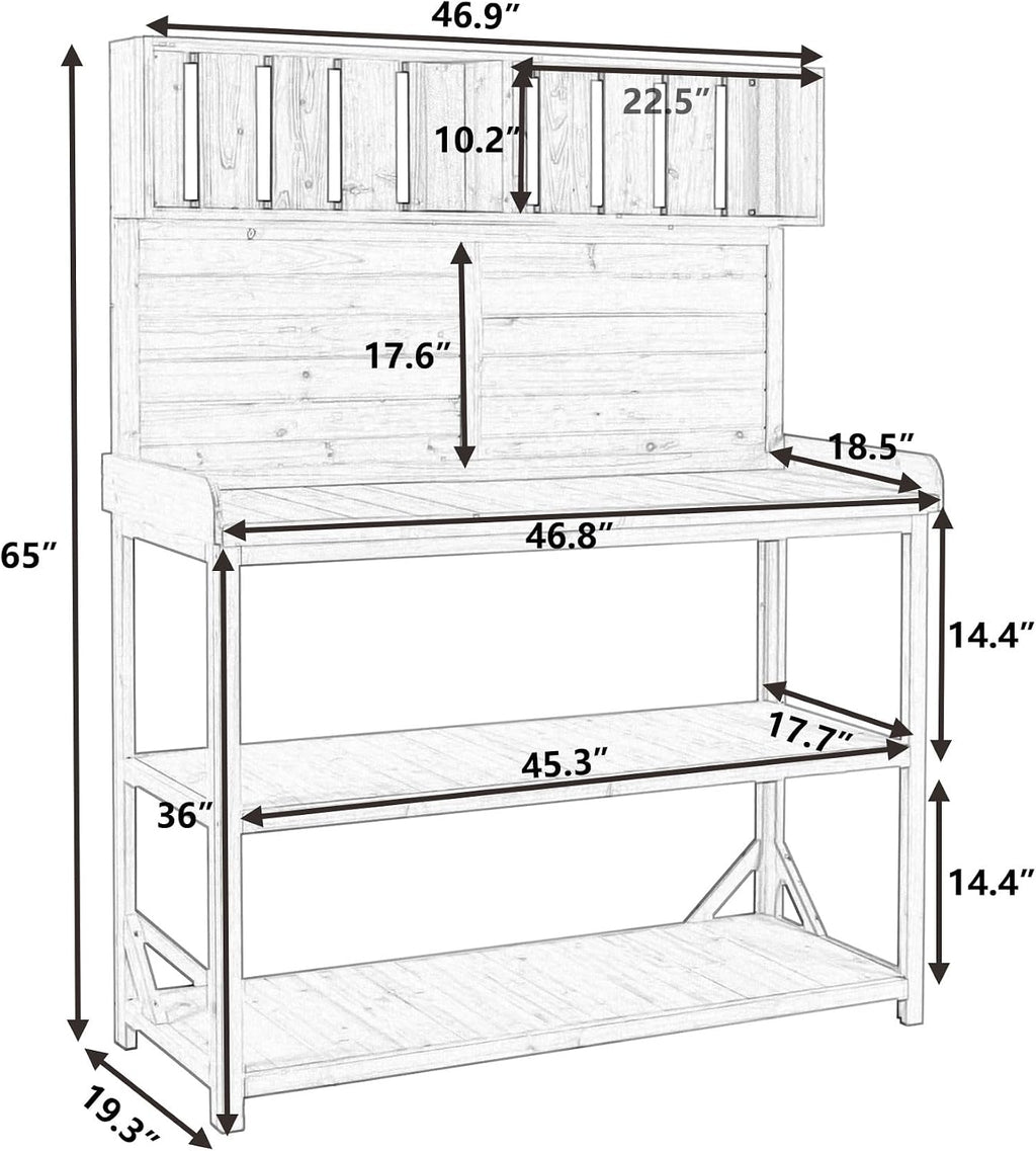Large Wooden Farmhouse Rustic Outdoor Patio Workstation Potting Bench Table with 4 Storage Shelves and Side Hook -Natural, Natrual