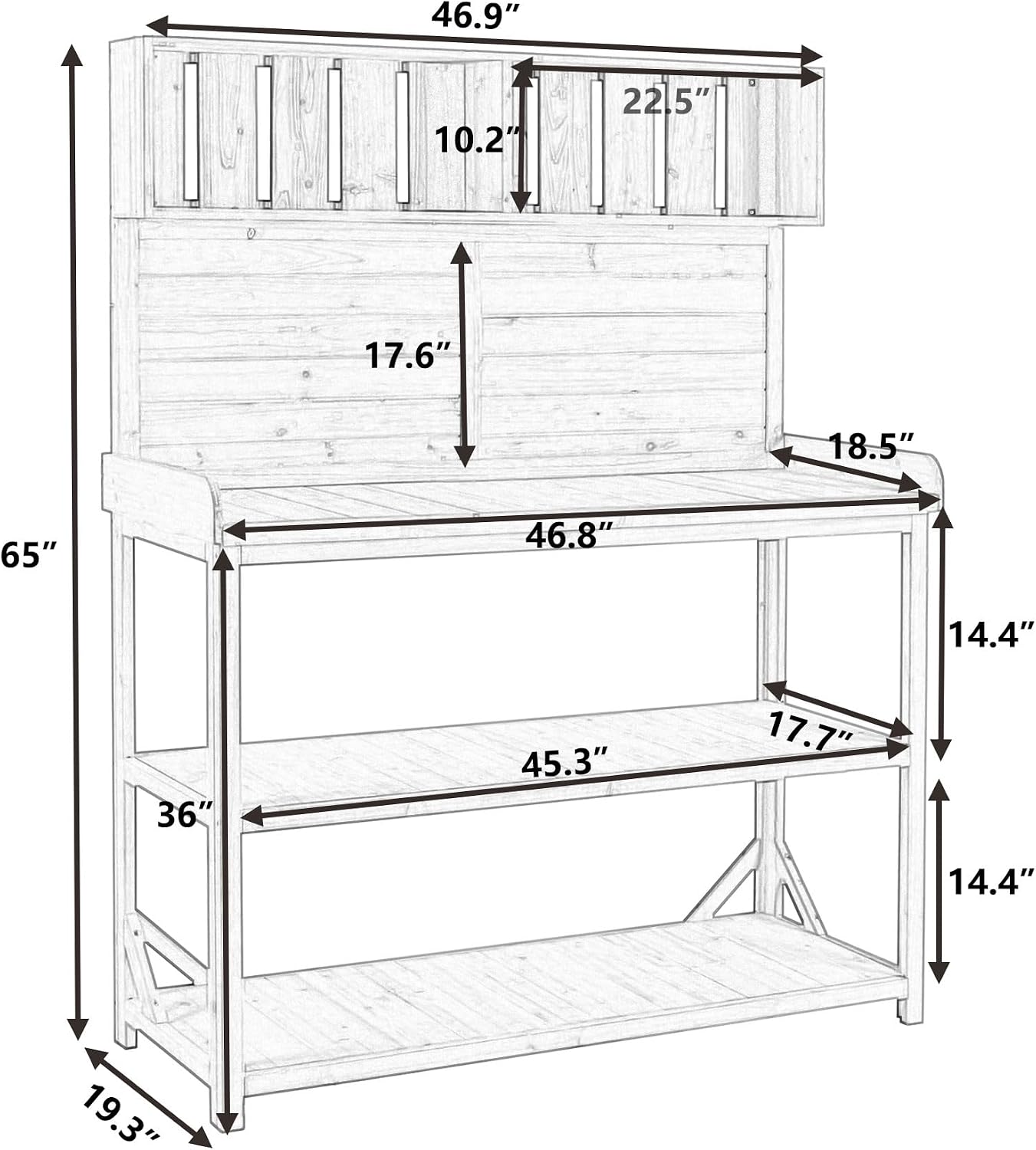 Large Wooden Farmhouse Rustic Outdoor Patio Workstation Potting Bench Table with 4 Storage Shelves and Side Hook -Natural, Natrual