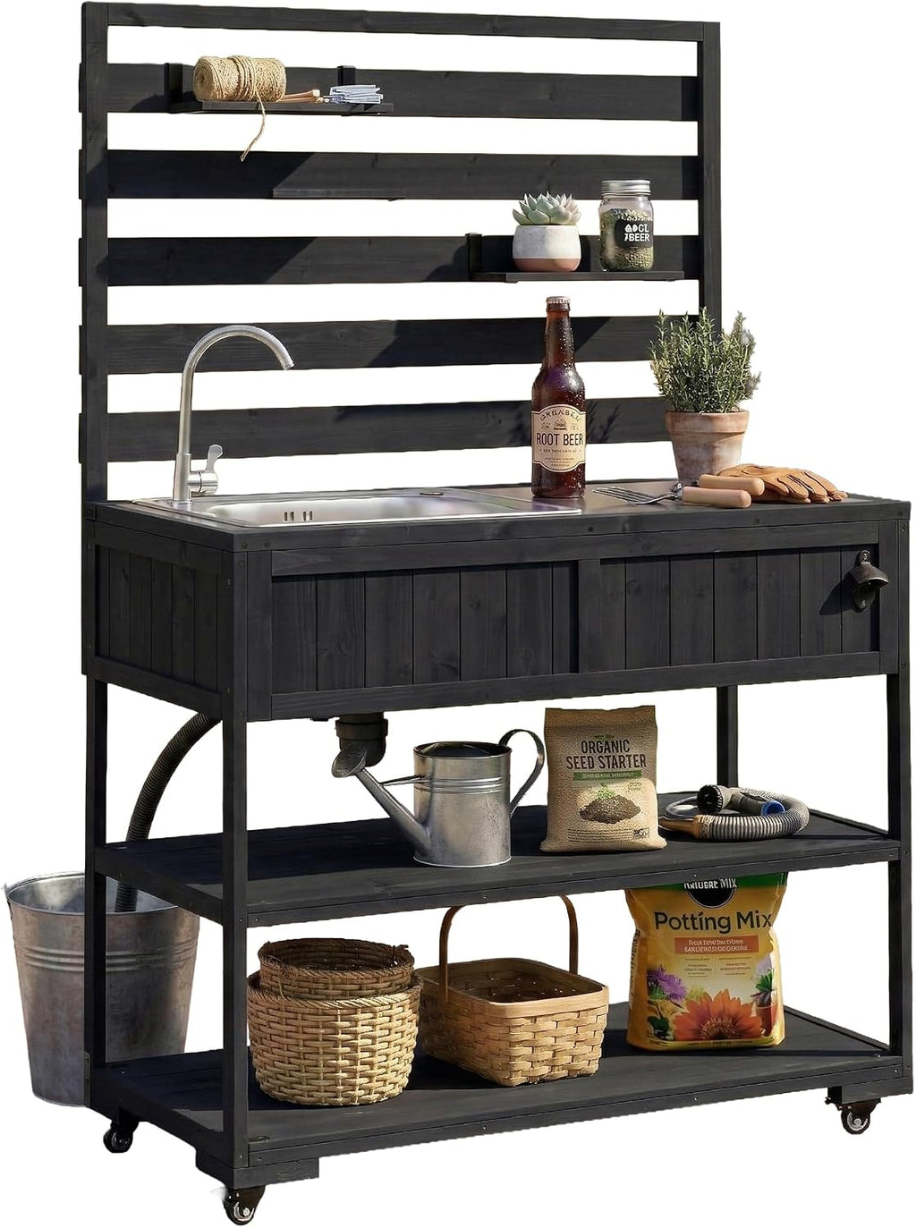 Merax 41.7'' W Outdoor Kitchen Island with Sink, Garden Potting Bench with Stainless Table Top, Rolling Grill Cart with Adjustable Shelves and 1 Bottle Opener,Black