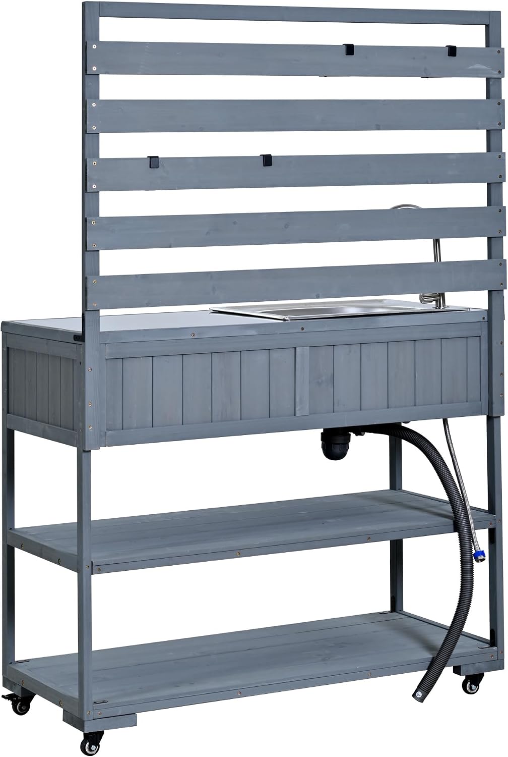 Patio Potting Bench Table with Stainless Table Top, Rolling Potting Bench on Wheels with Sink, 2 Movable Shelves and Bottle Opener for Backyard (Gray)