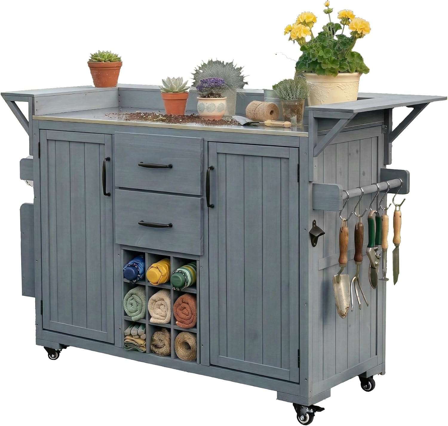 LUMISOL Outdoor Grill Cart with Stainless Steel Top, Wood Kitchen Island with Spice Rack & Wine Rack, 2 Drawers, Rolling Patio BBQ Kitchen Cart for Outdoor Cooking, Gray