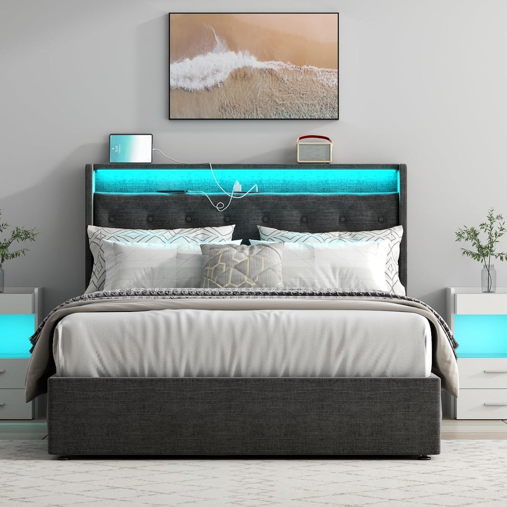 Loomie Full Lift Up Bed Frame with Charging Station & LED Lights, Upholstered Bed with Button Tufted Wingback Storage Headboard, Hydraulic Storage, No Box Spring Needed, Wood Slats Support,Dark Grey