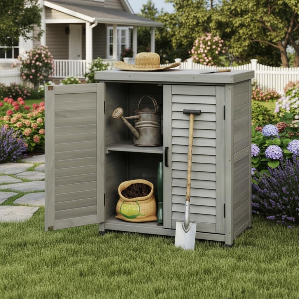 Potting Bench with Storage Cabinet and Metal Table Top for Outdoor Patio, GFurniture Wood Workstation Grey 31.5x17x36''