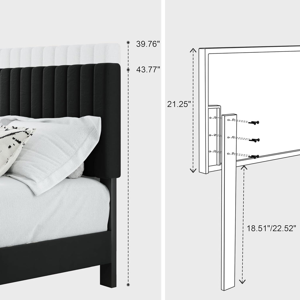 IOILORI Full Size Bed Frame, Velvet Upholstered Platform Bed with Adjustable Tufted Headboard, Sturdy Frame and Slats, Noiseless, No Box Spring Required, Easy to Assemble, Black
