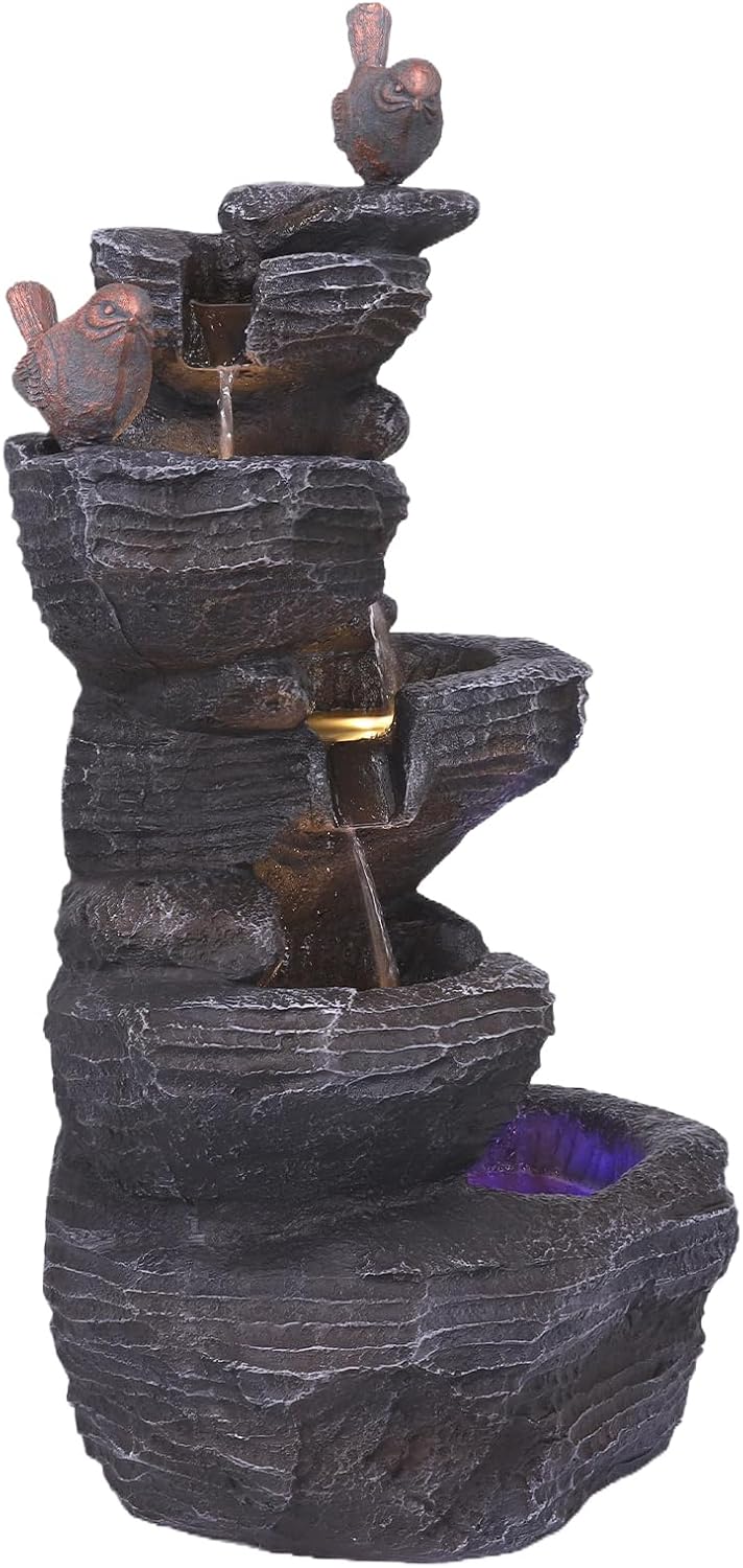 Generic Resin Stone Imitation Waterfall with LED Lights Desktop Waterfall Fountain Tabletop Fountain Relax Meditation Decor for Home Office