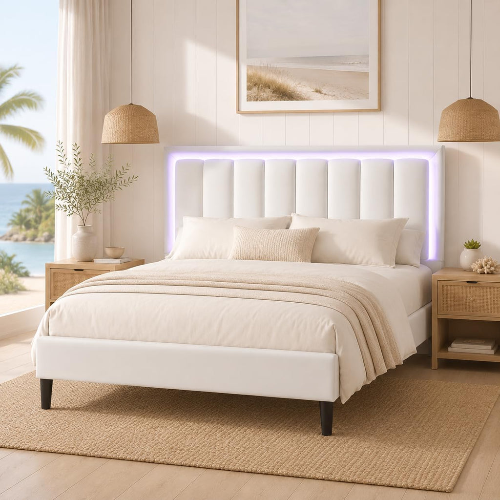 IMMERSTABLE Queen Bed Frame with RGB LED Lights, Upholstered Platform Bed Frame with Headboard, Wood Slat Support, No Box Spring Needed, Quiet Design, Easy Assembly, White