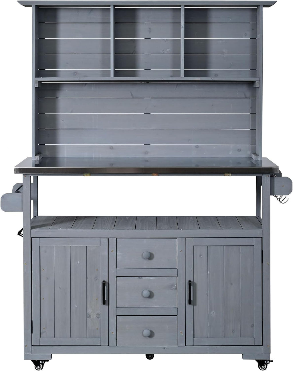 Potting Benches for Outside with Stainless Steel Top, 65''H Fir Wood Potting Bench with Storage, Outdoor Gardening Table (Gray)