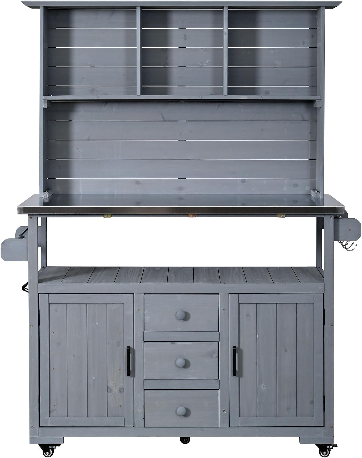 Potting Benches for Outside with Stainless Steel Top, 65''H Fir Wood Potting Bench with Storage, Outdoor Gardening Table (Gray)