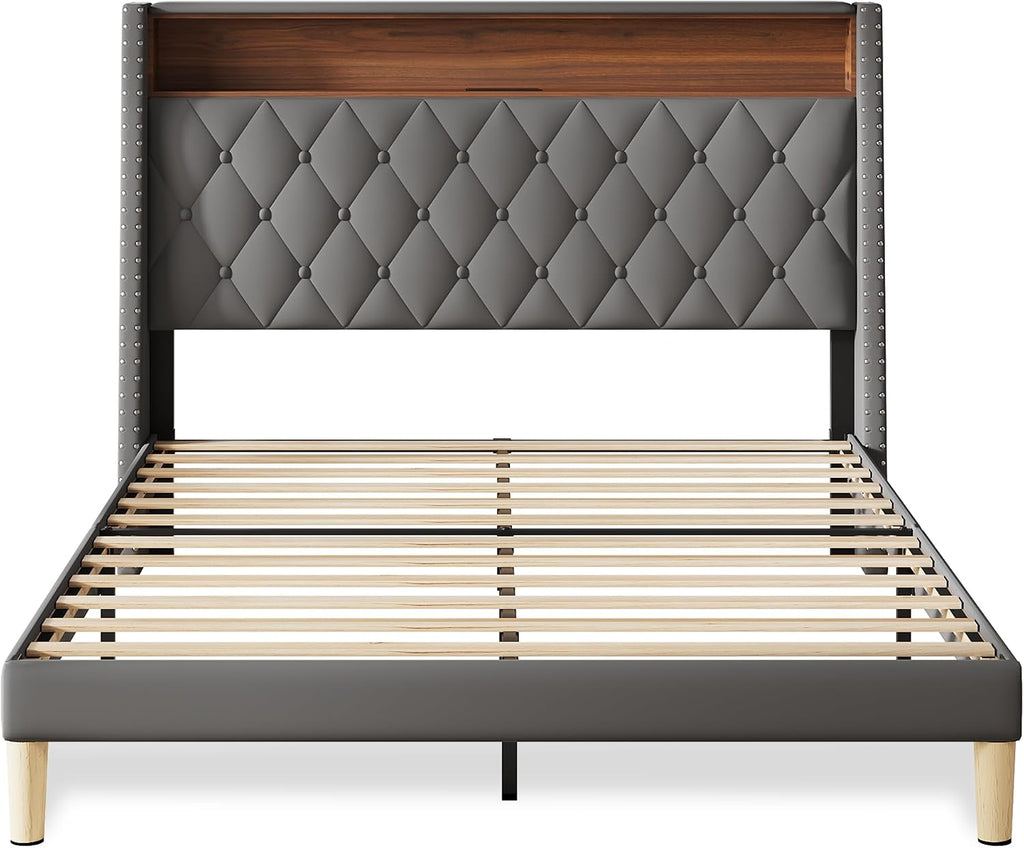 WLIVE Queen Size Upholstered Bed Frame with 48'' Tall Wingback Headboard, Velvet Square Tufted Platform Beds with Charging Station, Sturdy Metal & Wooden Slats Support, Grey