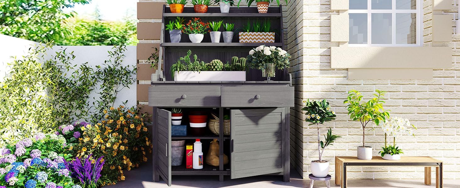 [Assembly Video Provided] TOPMAX 65inch Garden Potting Bench Table, Fir Wood Workstation with Storage Shelf, Drawer and Cabinet, Gray