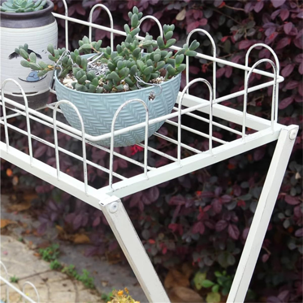 Garden Plant Stand,Outdoor Potting Bench Table,Old Balcony Iron Flower Stand with Fence,2 Tier Metal Waterproof Plant Shelf,for Living Room Patio Home Decor,White