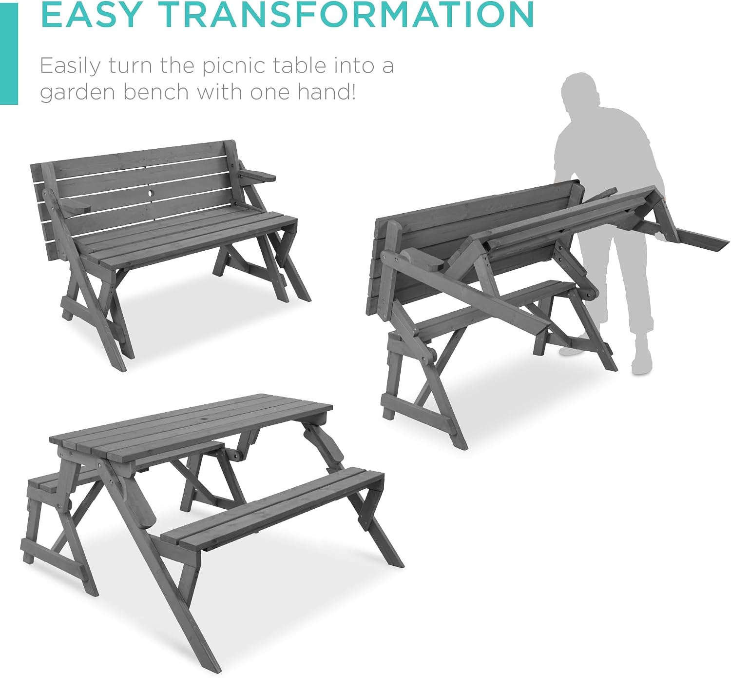 Best Choice Products 2-in-1 Transforming Interchangeable Outdoor Wooden Picnic Table Garden Bench for Backyard, Porch, Patio, Deck w/Umbrella Hole - Gray