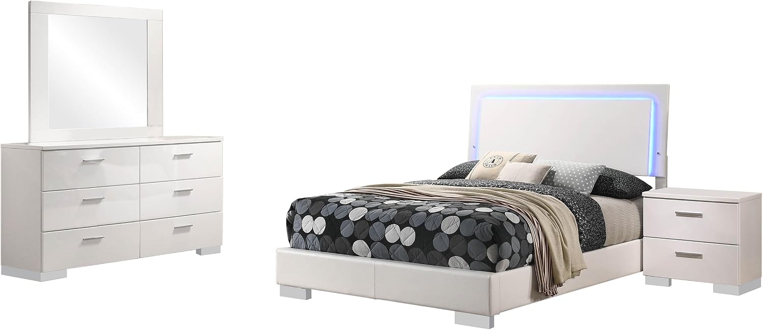 Coaster Home Furnishings Felicity Contemporary 4-Piece Bedroom Set Full Size LED Panel Bed Frame 49-inch Headboard White High Gloss 203500F-S4