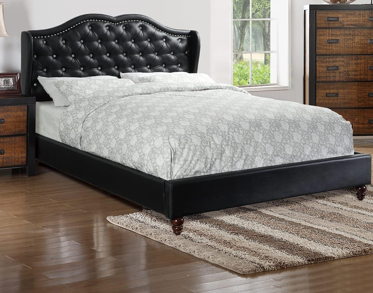 1pc King Size Bed Set Curved Headboard Button Tufted Upholstered Bedroom Furniture Black