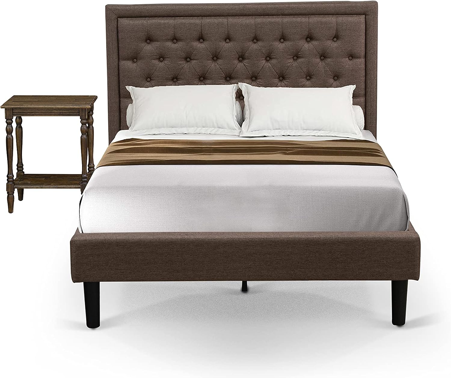 East West Furniture KD18F-1BF07 2 Piece Full Bed Set - 1 Platform Bed Frame Brown Linen Fabric Padded and Button Tufted Headboard with 1 Nightstand Bedroom - Distressed Jacobean Finish Nightstand