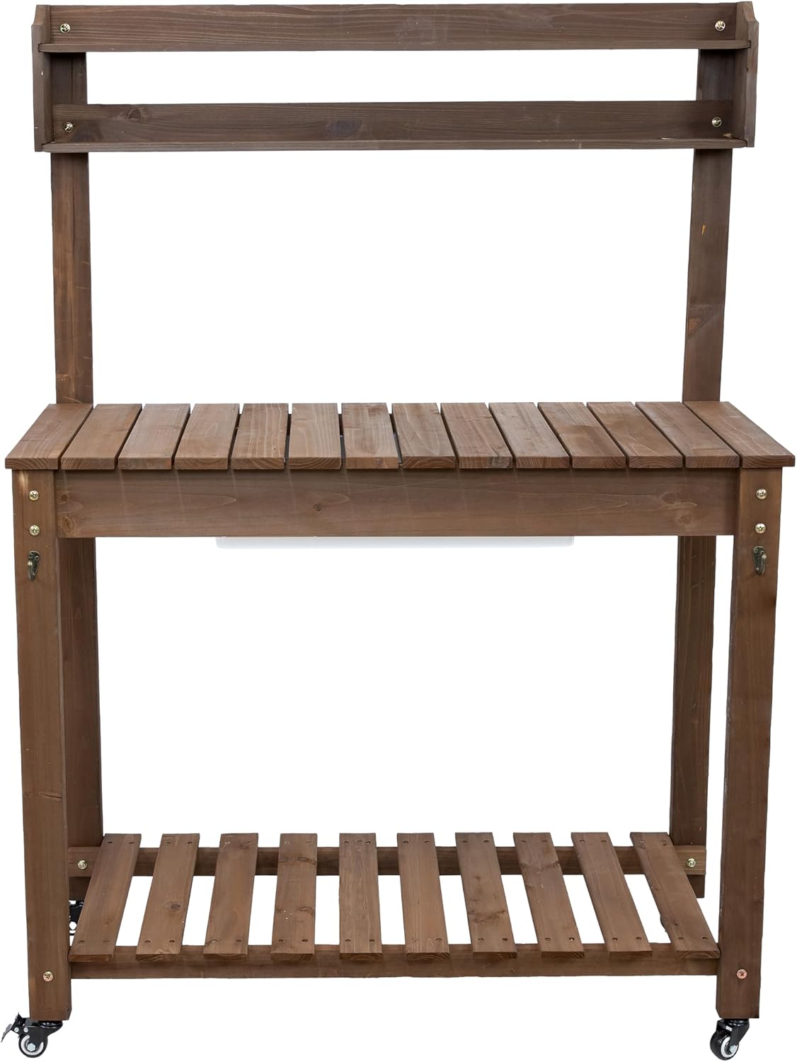 Sunnydaze Wheeled Garden Potting Bench with Sink - Outdoor Potting Table - Garden Table with Planting Station and Hooks - Brown
