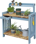 Wood Outdoor Potting Bench with Storage Shelf - Patio Garden Work Station Table - Gardening Workbench for Porch, Greenhouse, Backyard, Patio and Balcony - with Storage, Drawer, Hook (Blue D