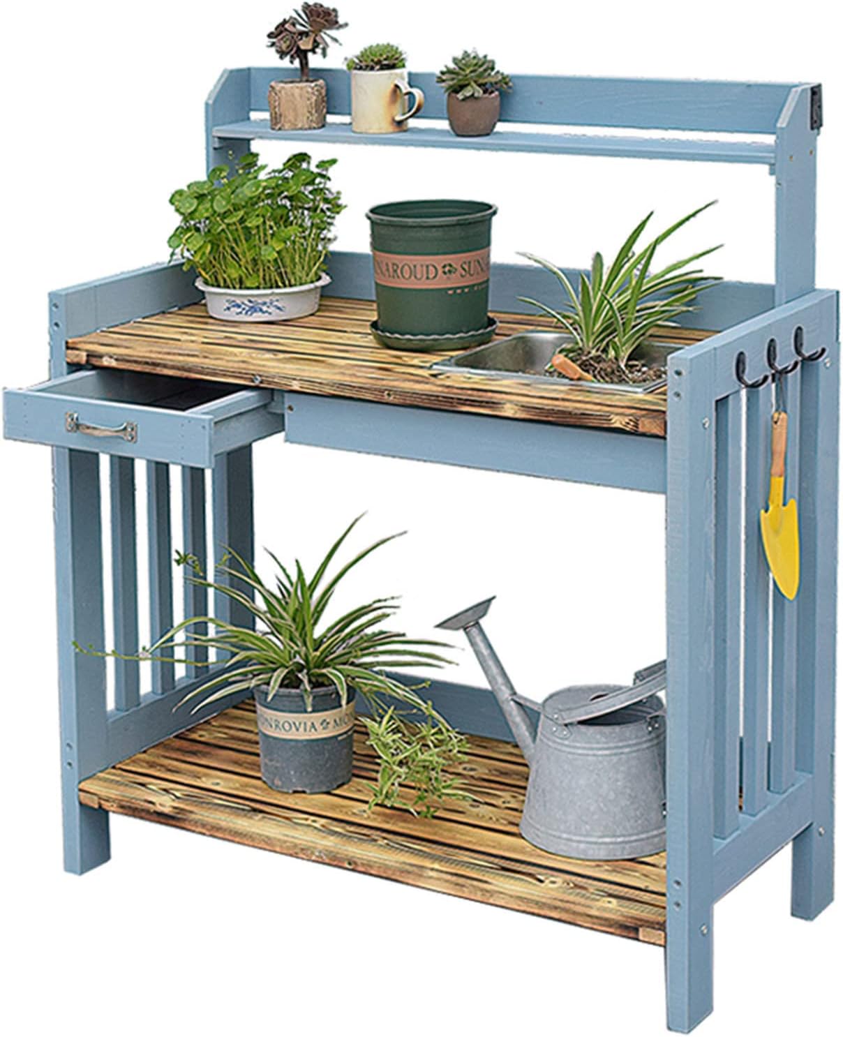 Wood Outdoor Potting Bench with Storage Shelf - Patio Garden Work Station Table - Gardening Workbench for Porch, Greenhouse, Backyard, Patio and Balcony - with Storage, Drawer, Hook (Blue D