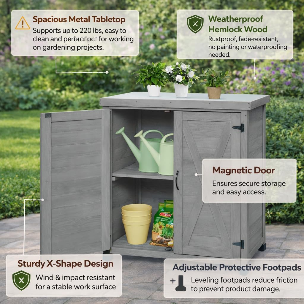 Potting Bench with Storage Cabinet & Metal Top, Solid Wood Hemlock Outdoor Work Station Table, X-Shape Sturdy Design, Magnetic Door, Gray/Light Brown, 31'x17'x36' (Gray)