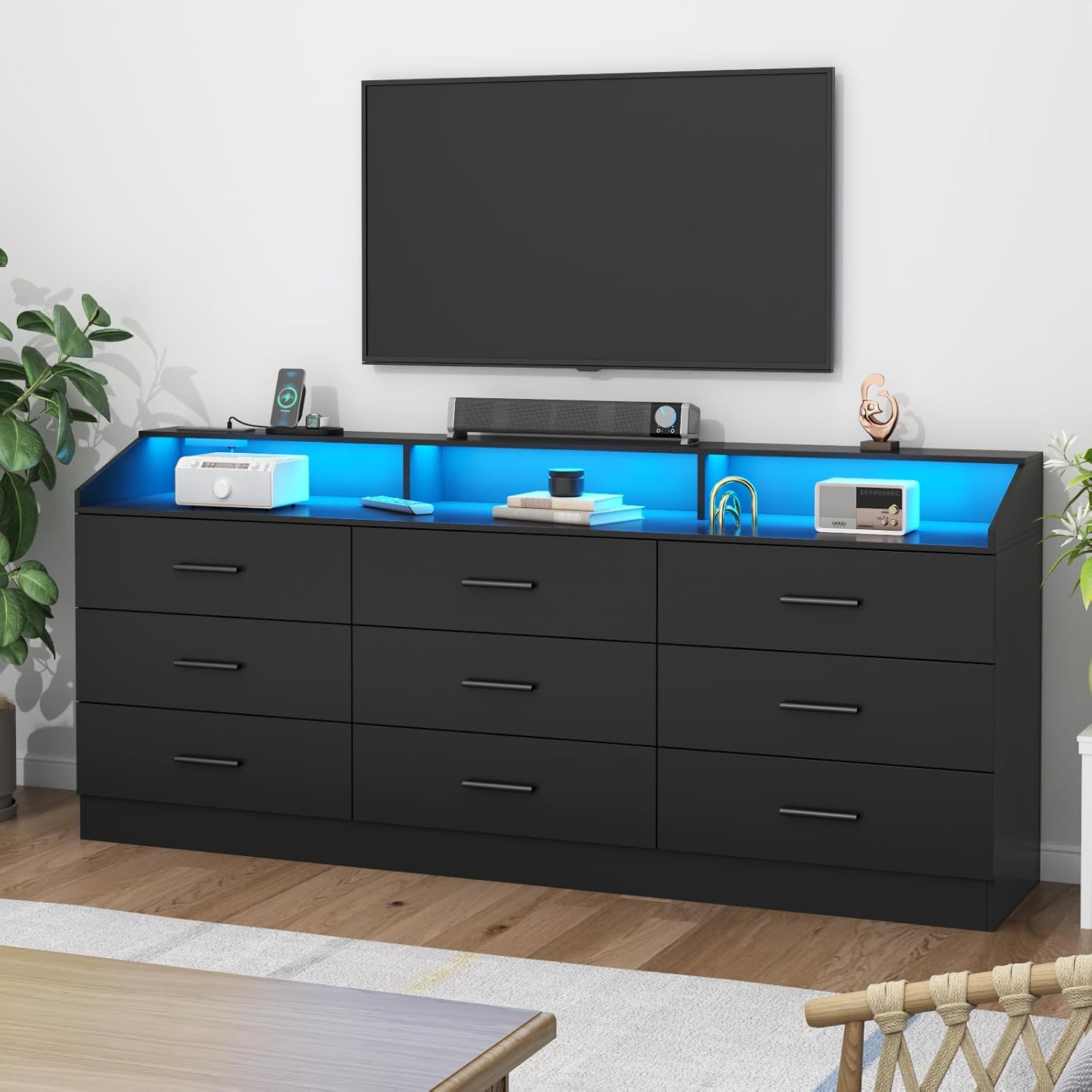 Gyfimoie 9 Drawers Dresser with Power Outlet, Black Dresser for Bedroom, Chest of Drawers with LED Light, Modern Dressers with Open Storage Cubby, Triple Wide Dressers Organizer for Living Room