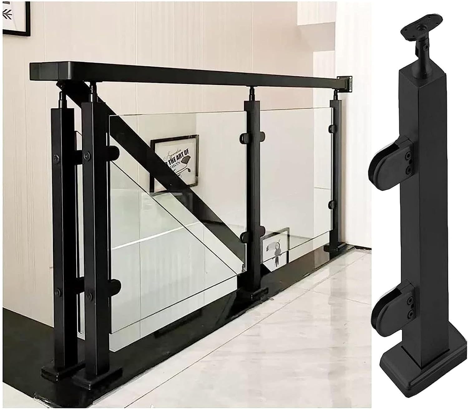 Black Glass Stair Railing Post Stainless Steel 304 Staircase Handrail Balusters with Glass Clamp and Rubbers, Metal Balustrade Suitable for Stairs, Terraces, Garden(Add Handrail Version)(End Post,80cm