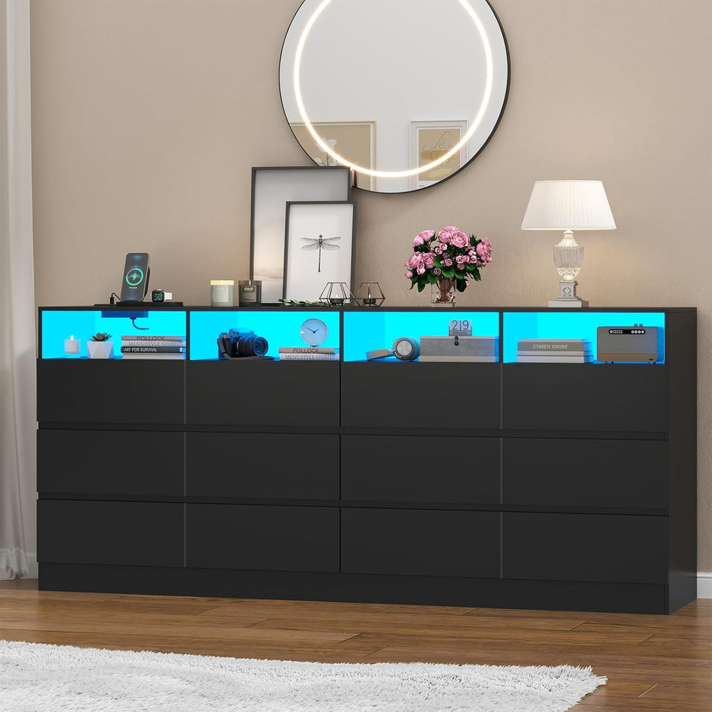 Loomie 12-Cell Divided Drawers Black Dresser with Charging Station & Led Lights for Bedroom, Long 63' Wide Dresser TV Stand for TVs up to 75', Large Dressers Organizer with 4 Open Cubbies