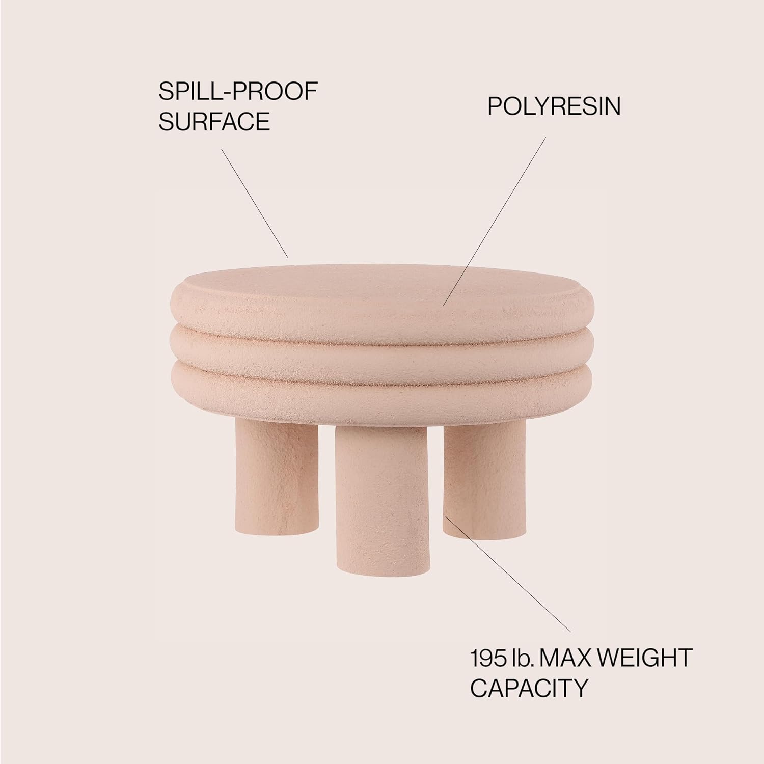 JONATHAN Y Rashida 13.5' Ribbed Polyresin Indoor Outdoor Table, Pink | Contemporary Curvy Minimalist Silhouette, Stacked Ring Motif, Tripod Pillar Base, Weather Resistant, Pink Frosted Finish