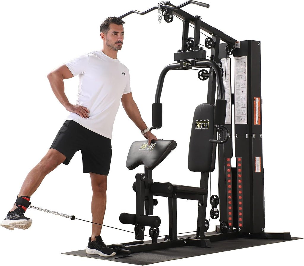 BalanceFrom Multifunctional Steel Frame Home Gym Machine with Floor Mat – Strength Training Workout Station with 160-Pound Weight Stack, Lat Pull & Low Row Bars, 4-Roll Leg Developer & Press