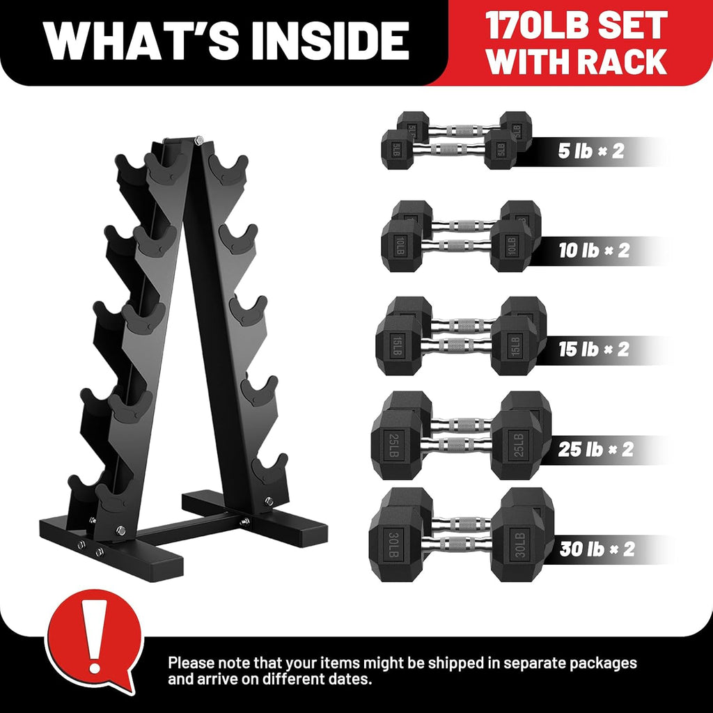 PAPABABE Hex Dumbbell Sets with Rack, 100-600lb Rubber Coated Dumbbell Weight Set and Storage Rack, Multiple Options Hand Weights for Strength Training