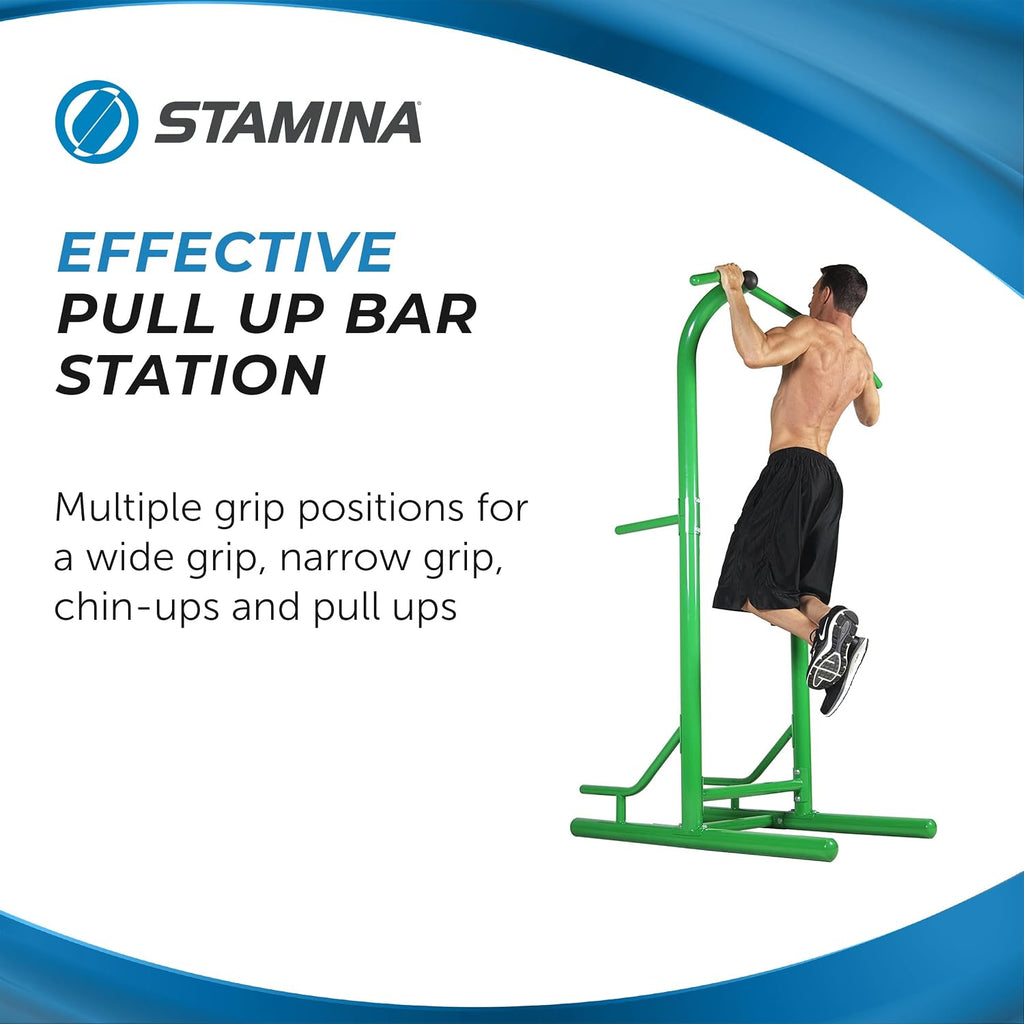 Stamina Pull Up Bar Tower & Dip Station, Free Standing Outdoor Home Gym Equipment, Green - Adjustable and Portable Workout Stand for Calisthenics Body Weight Training