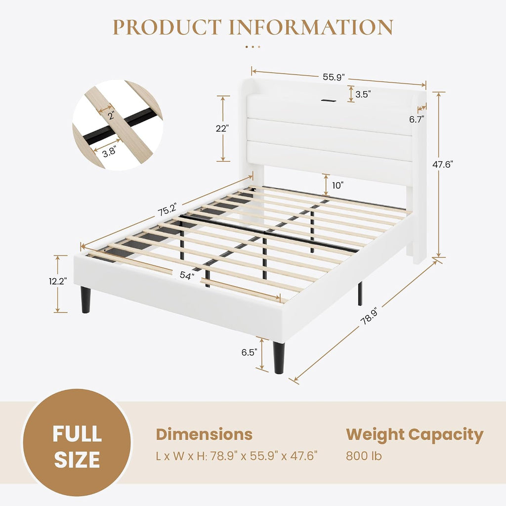 SHA CERLIN Full Size Bed Frame with Charging Station, Velvet Upholstered Platform Bed, Wingback Storage Headboard, Type-C & USB Ports, Strong Wooden Slats, No Box Spring Needed, Easy Assembly, White