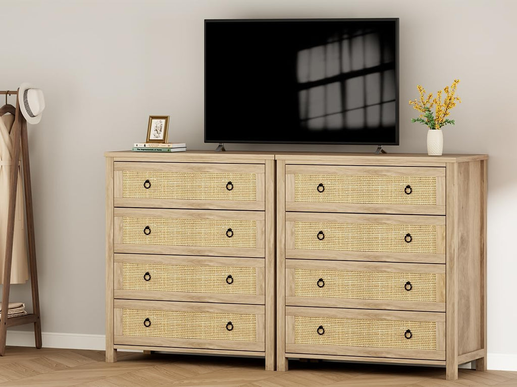 IDEALHOUSE Rattan Dresser for Bedroom, Chest of Dressers 37' Tall Dresser for Closet with 4 Rattan Drawers Chest with Clothes Storage Cabinet, Drawer Organizer for Bedroom, Living Room, Hallway