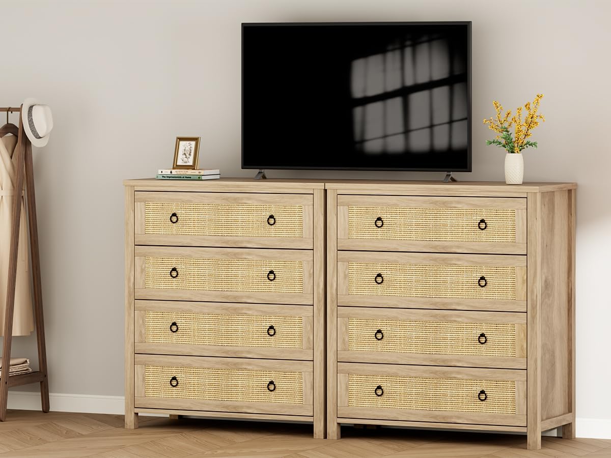 IDEALHOUSE Rattan Dresser for Bedroom, Chest of Dressers 37' Tall Dresser for Closet with 4 Rattan Drawers Chest with Clothes Storage Cabinet, Drawer Organizer for Bedroom, Living Room, Hallway