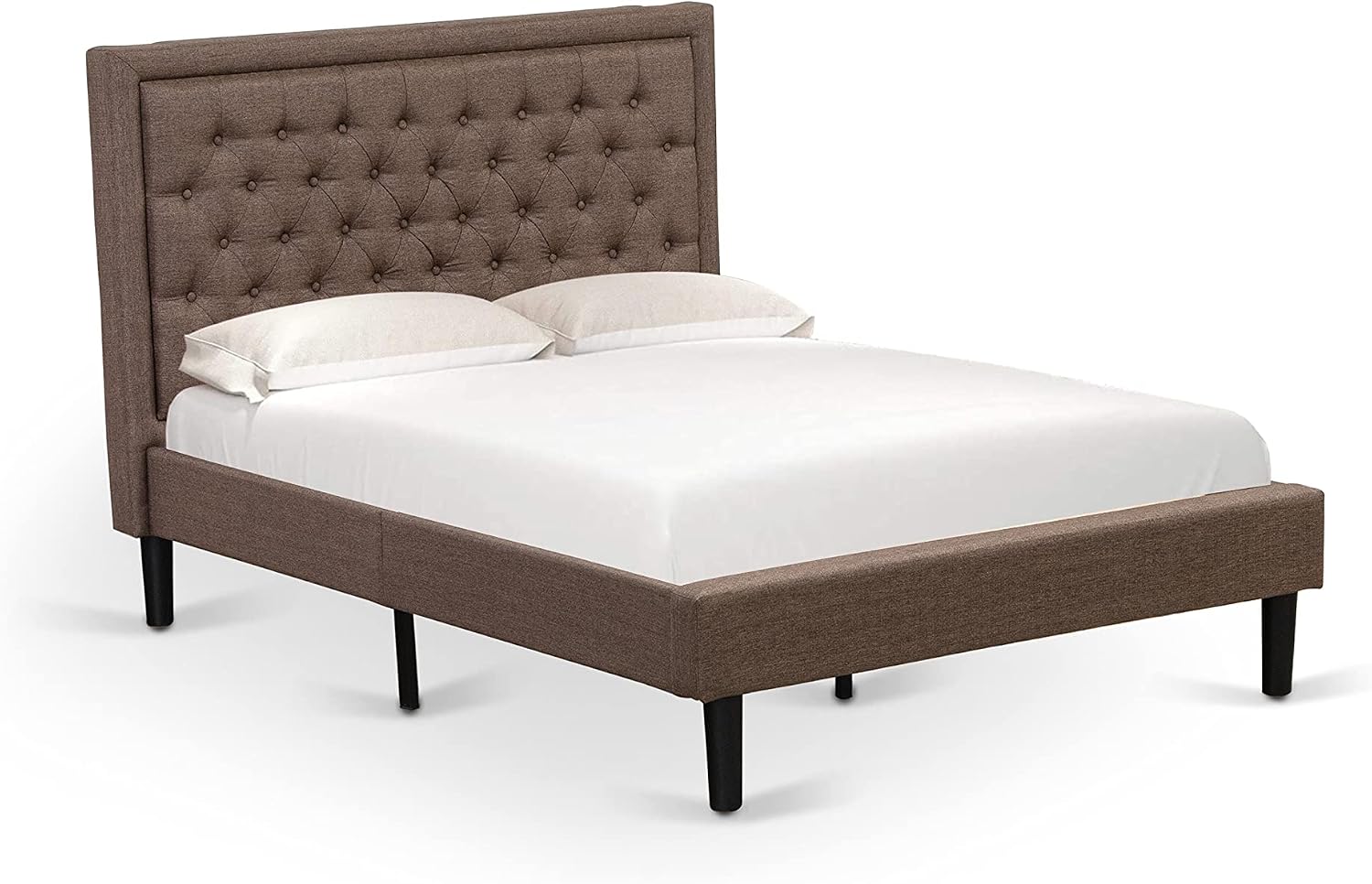 East West Furniture KDF-18-F Platform Full Bed Frame - Brown Linen Fabric Upholstered Bed Headboard with Button Tufted Trim Design - Black Legs