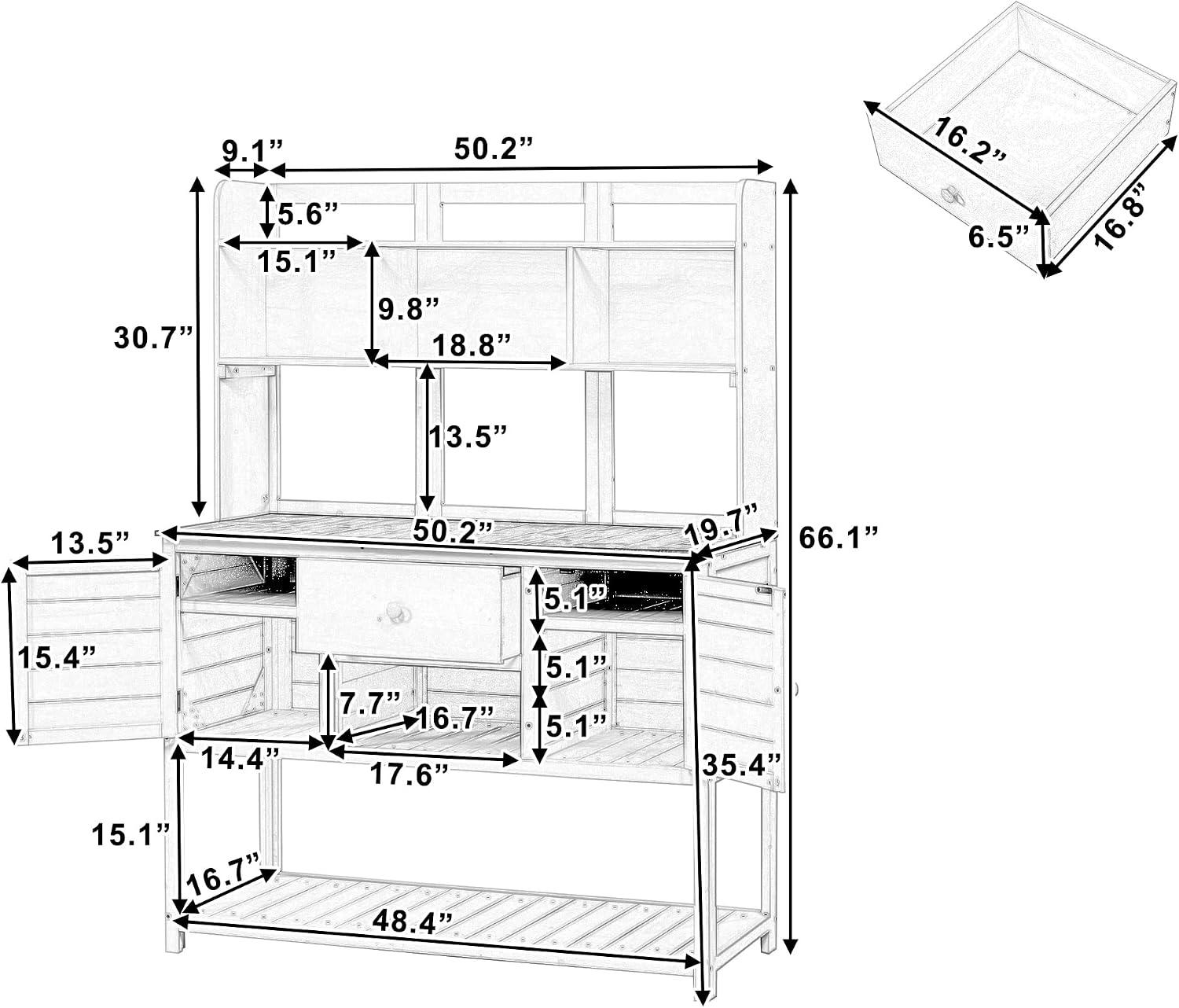 Outdoor Potting Bench Table, Solid Fir Wood Garden Workstation with Hutch, Drawer & Adjustable Shelves, Outdoor Planting Table for Gardening Backyard (White-N, 66.1''H)