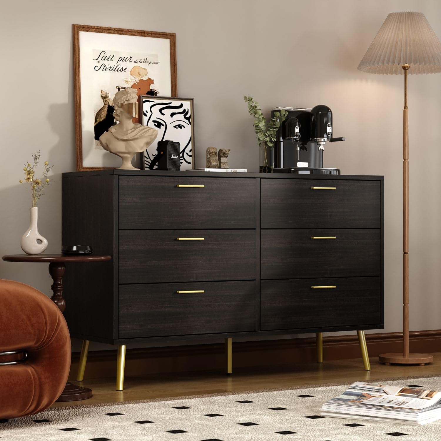 47.2' 6 Drawer Dresser, Modern 6-Drawer Chest with Gold Metal Handles, Bedroom Dresser with Gold Metal Legs, for Living Room Entryway Black (47.2'W x 15.7'D x 30.1'H)