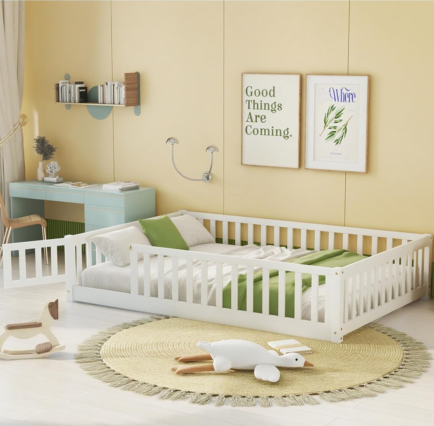 Full Size Floor Bed with Door and Fence for Kids, Montessori Floor Bed with Slats and Safety Guardrails,Solid Wood Full Bed Frame for Girls Boys(Full,White)