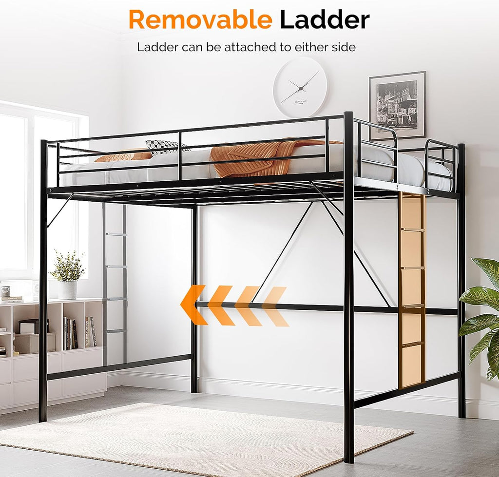 VINGLI Queen Loft Bed with Flat Rungs for Adults, Kids and Young Teens, No Box Spring Required,Heavy Duty Metal Slat Support, Black