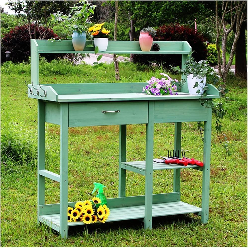 Planting Work Bench with Removable Sink – Gardening Potting Table with Storage Shelves & Drawer