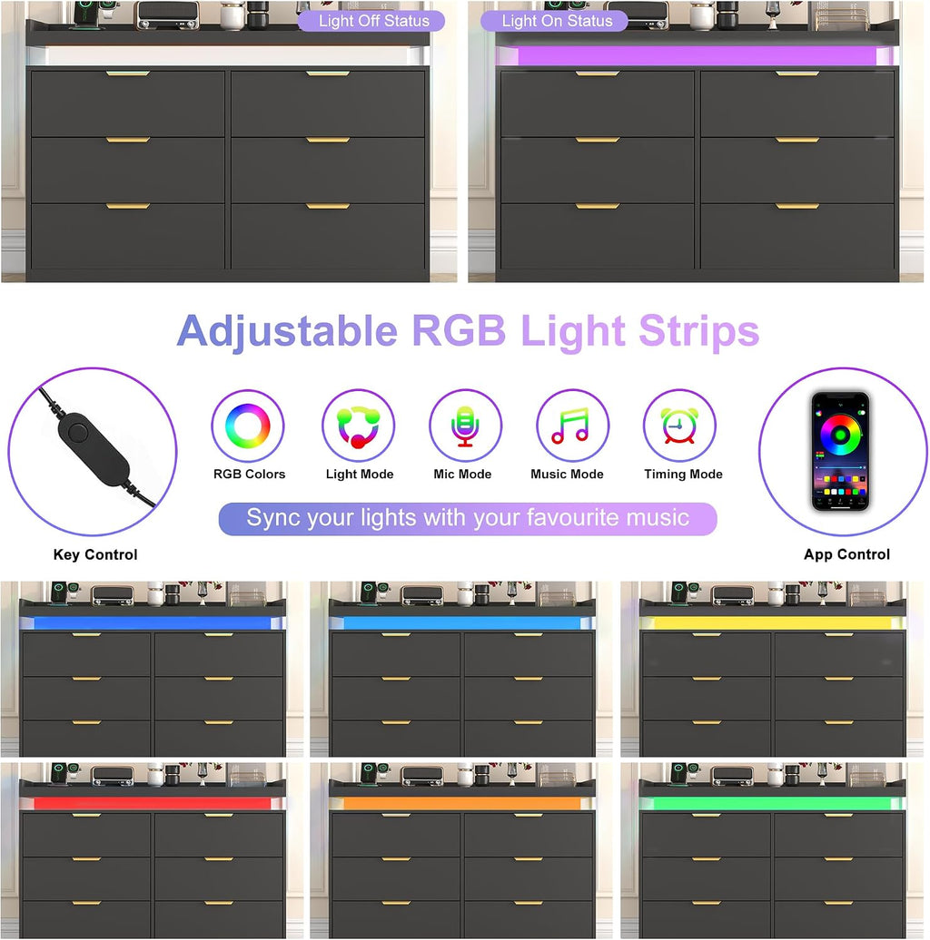 UNIQUITE 6 Drawer Dresser for Bedroom, Black Dresser with LED Lights and Power Outlet, Wooden Dressers Chests of Drawers, Double Wide Dressers for Bedroom, Entryway, Hallway