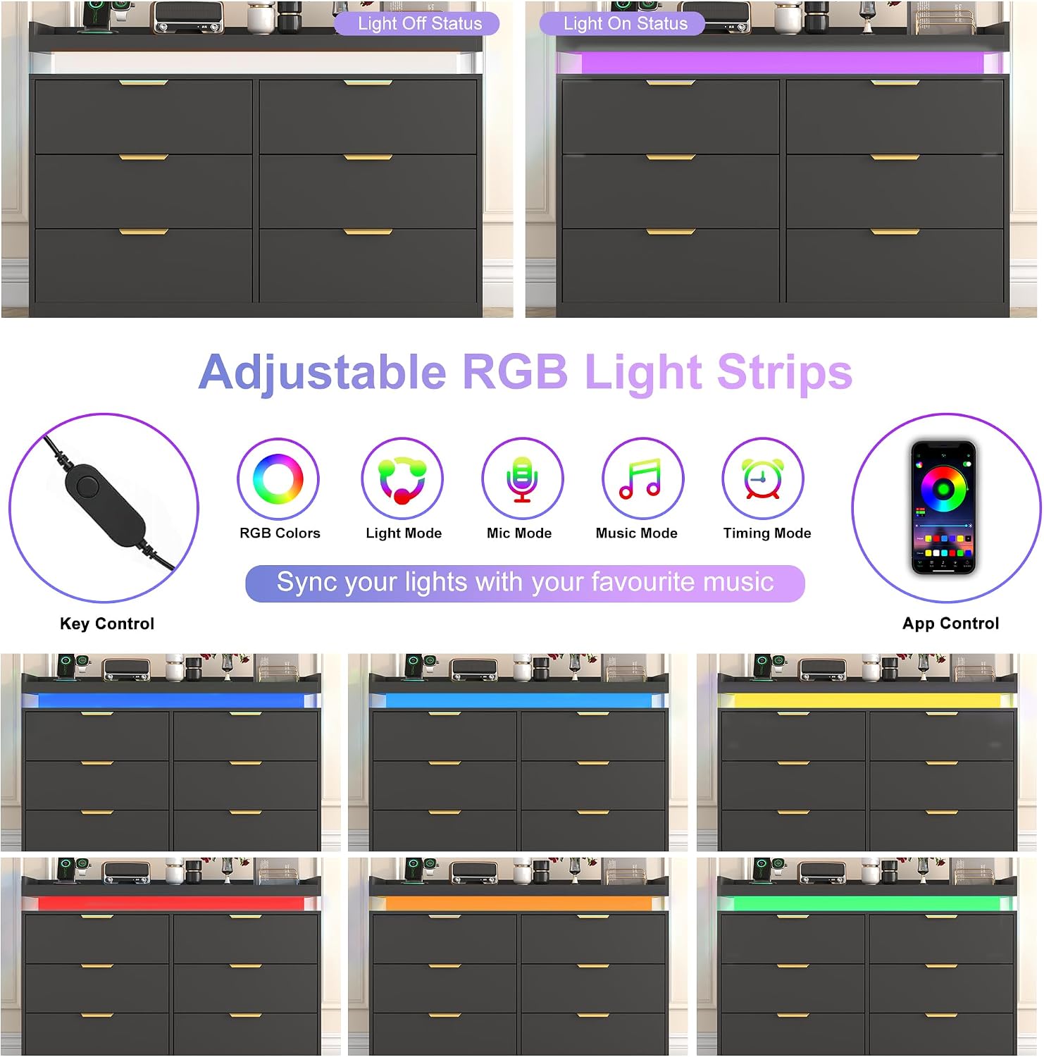 UNIQUITE 6 Drawer Dresser for Bedroom, Black Dresser with LED Lights and Power Outlet, Wooden Dressers Chests of Drawers, Double Wide Dressers for Bedroom, Entryway, Hallway