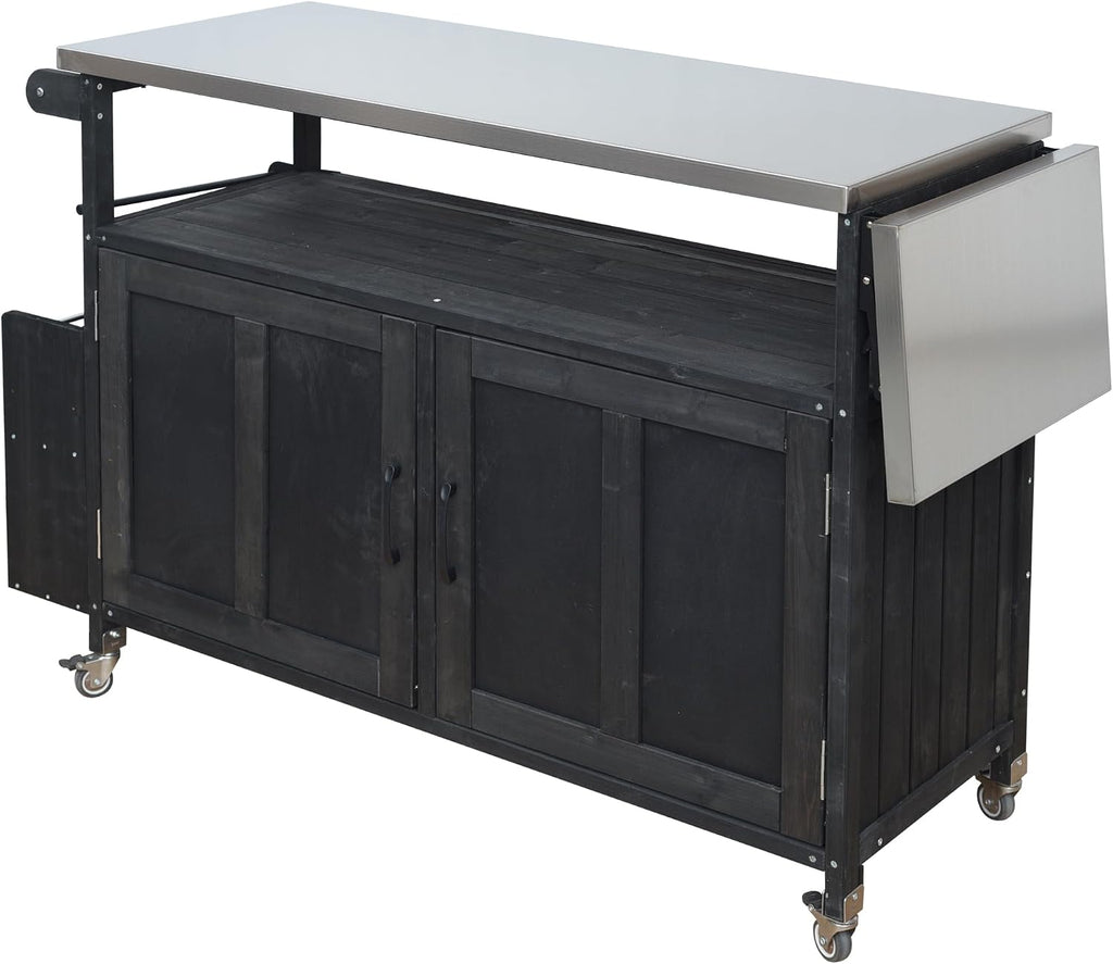 60.6' Outdoor Kitchen Island with Storage Cabinet, Solid Wood Grill Table Cart with Foldable Stainless Steel Top, Wheels and Adjustable Shelves, Outdoor Cooking Table for BBQ, Food Prep, Black