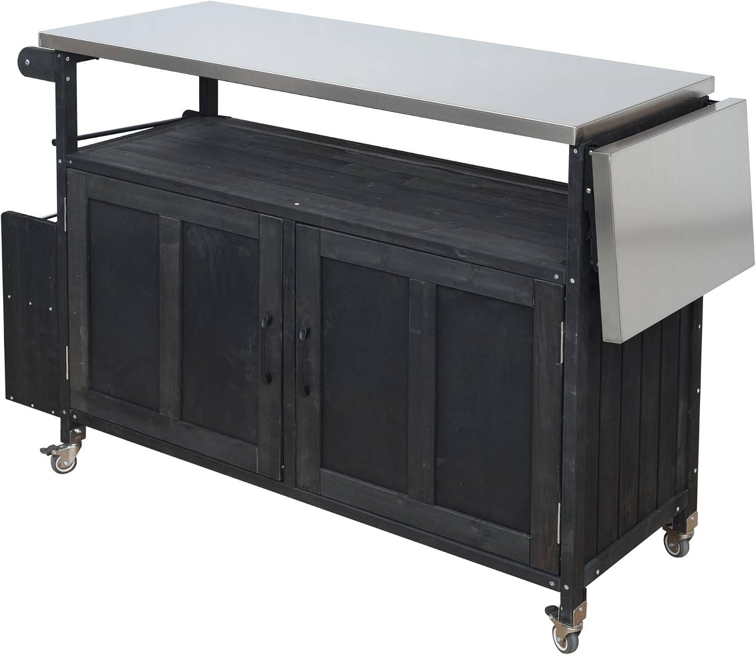 60.6' Outdoor Kitchen Island with Storage Cabinet, Solid Wood Grill Table Cart with Foldable Stainless Steel Top, Wheels and Adjustable Shelves, Outdoor Cooking Table for BBQ, Food Prep, Black